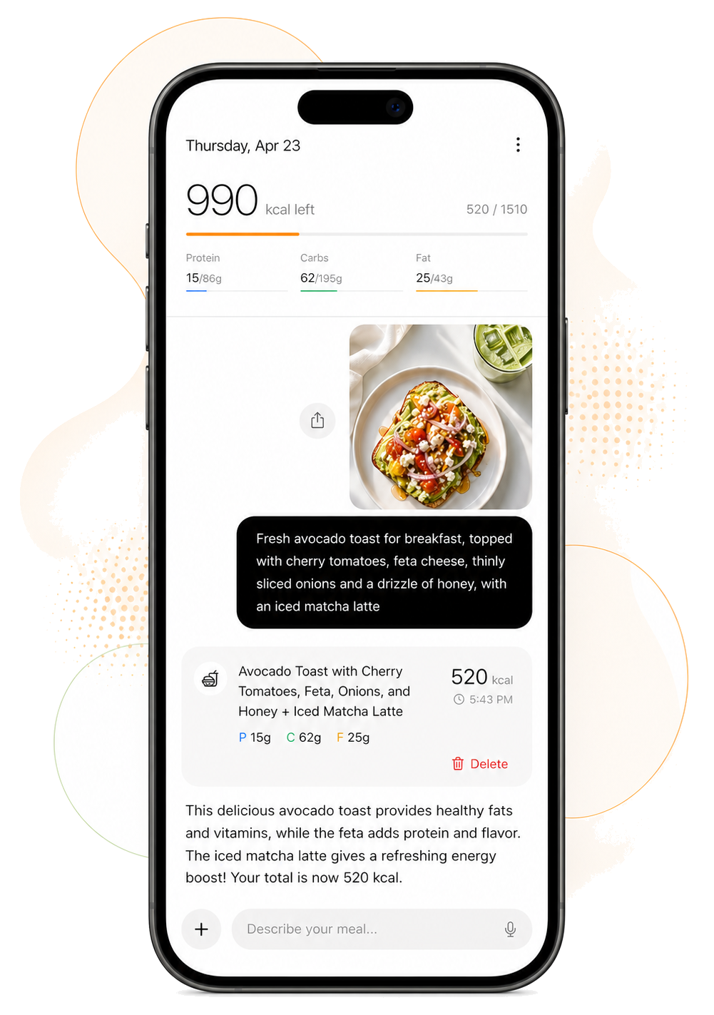 Palorie calorie tracking chat screen displayed on an iPhone with abstract orange and green accents